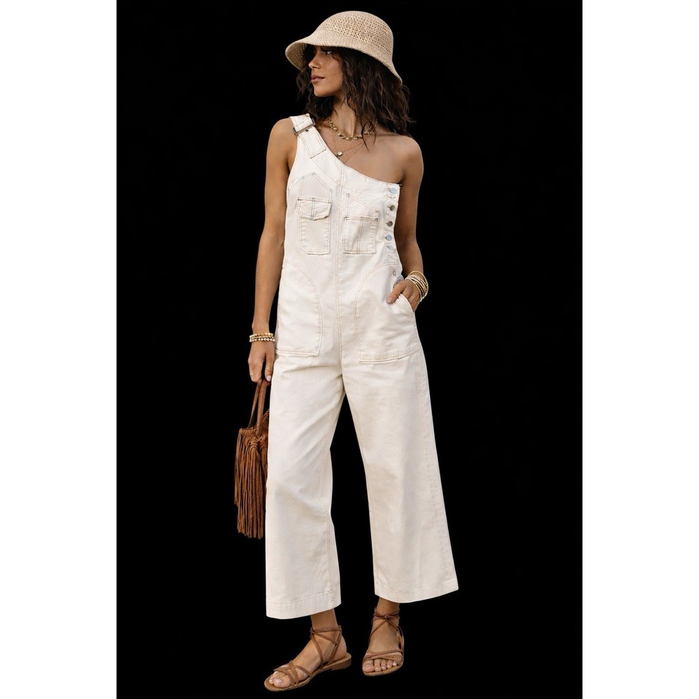 Anthropologie Cream One-Shoulder Wide-Leg Jumpsuit